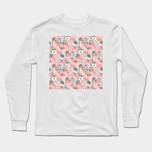 Pink Flowers Paint Bluish Gray Design Long Sleeve T-Shirt